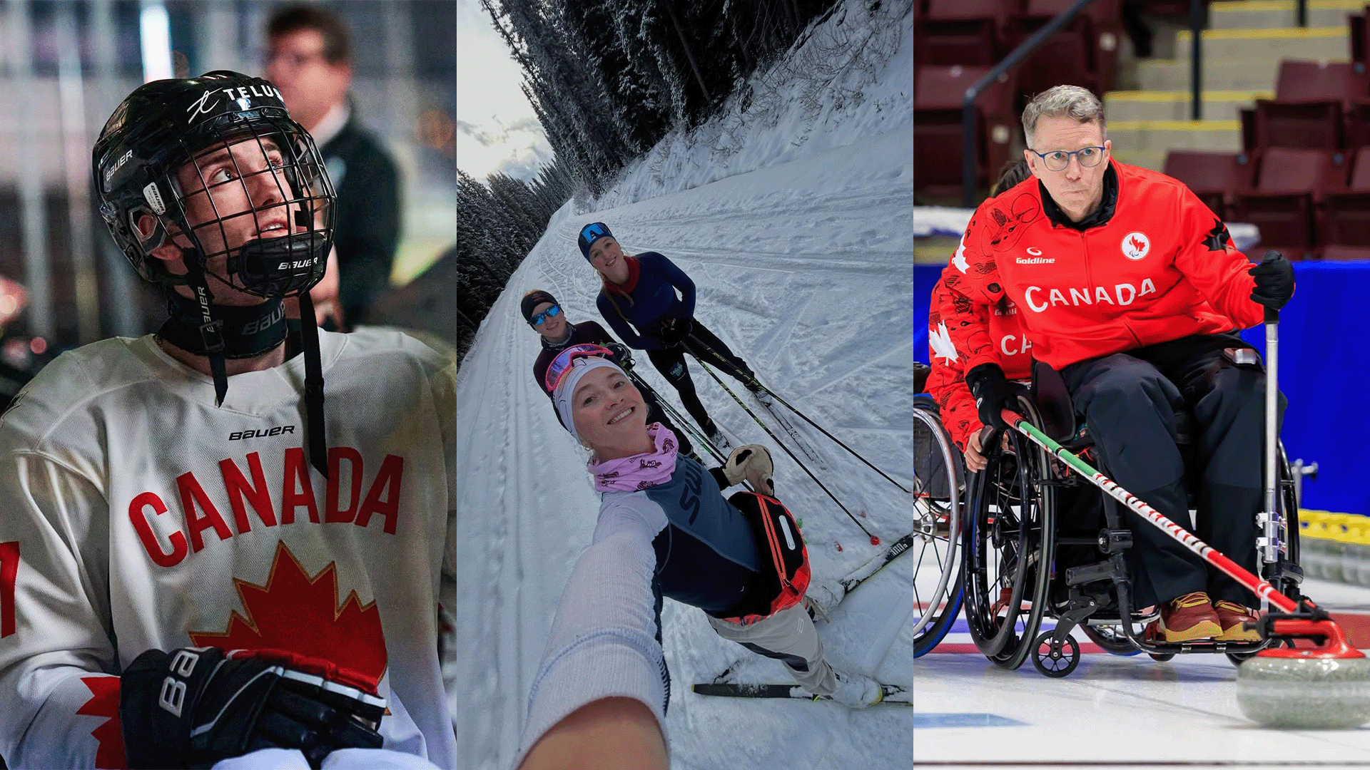 Trois images côte à côte d’athlètes paralympiques canadiens. À gauche, un joueur de para hockey sur glace portant un chandail blanc du Canada et un casque regarde vers le haut sur la glace. Au centre, deux skieuses de para ski nordique sourient en prenant un égoportrait sur une piste enneigée en forêt. À droite, un curleur en fauteuil roulant vêtu d’une veste rouge du Canada lance une pierre en compétition.