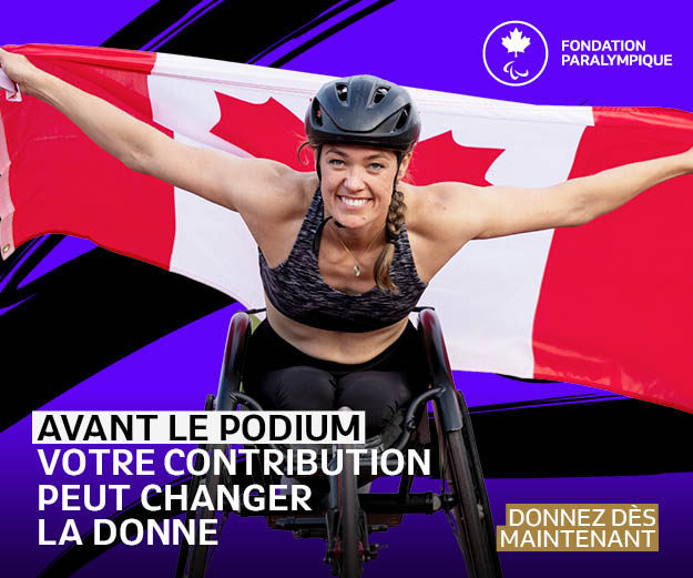 Fond violet avec Leanne Taylor et le texte suivant : « C'est avant le podium que votre soutien peut avoir le plus d'impact »