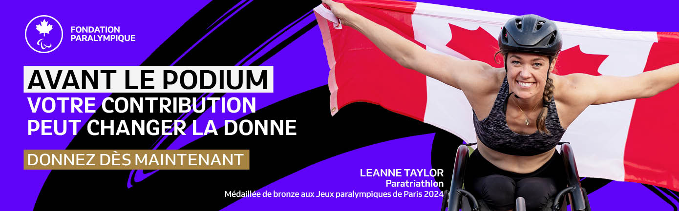 Fond violet avec Leanne Taylor et le texte suivant : « C'est avant le podium que votre soutien peut avoir le plus d'impact »